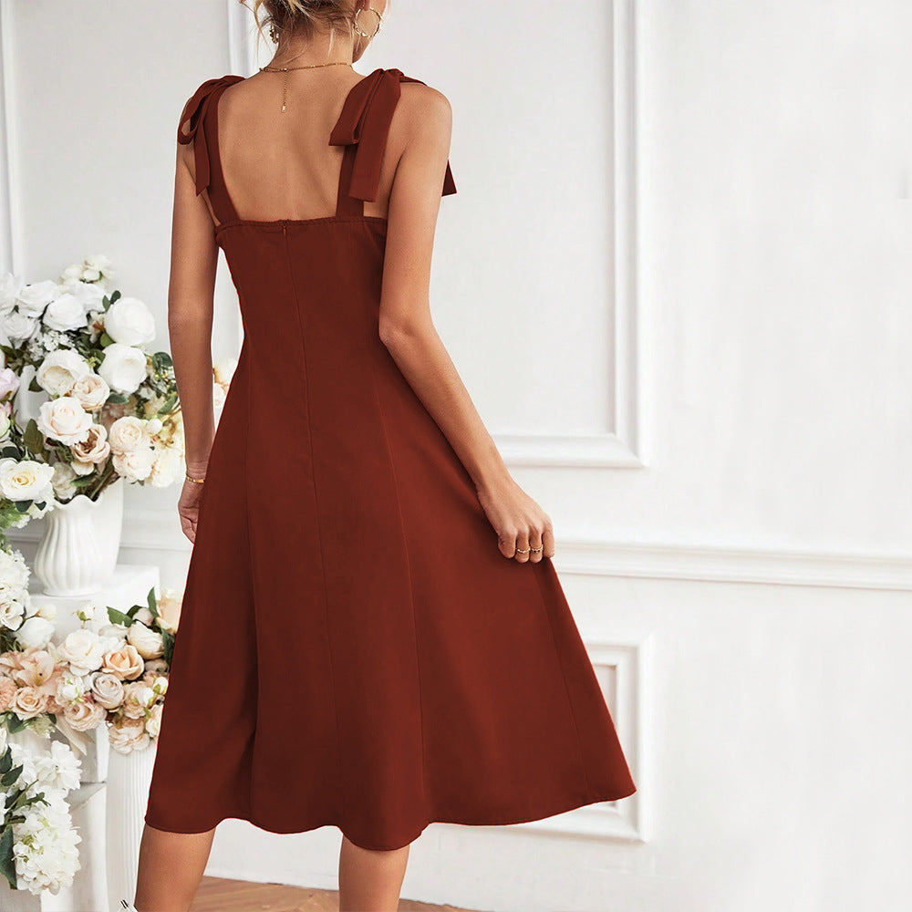 Women's elegant midi dress with sophisticated tie straps, size