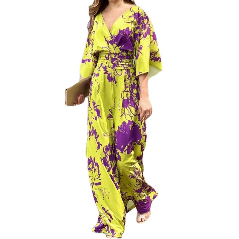 Women's jumpsuit with floral design and voluminous sleeves, size