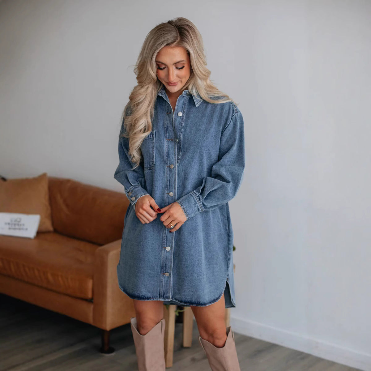 Women's Denim Shirt Dress with Exclusive Belt and Practical Drune Pockets