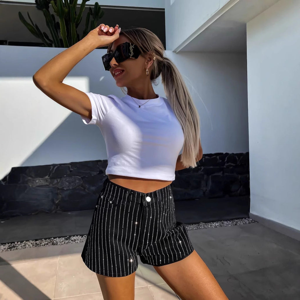 Women's denim shorts with a classic cut and fine pinstripes, size S