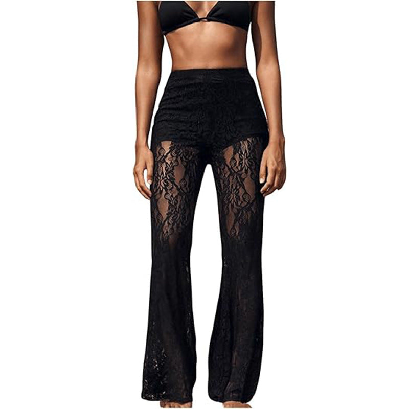 Women's elegant lace trousers with a high waist and wide leg, size