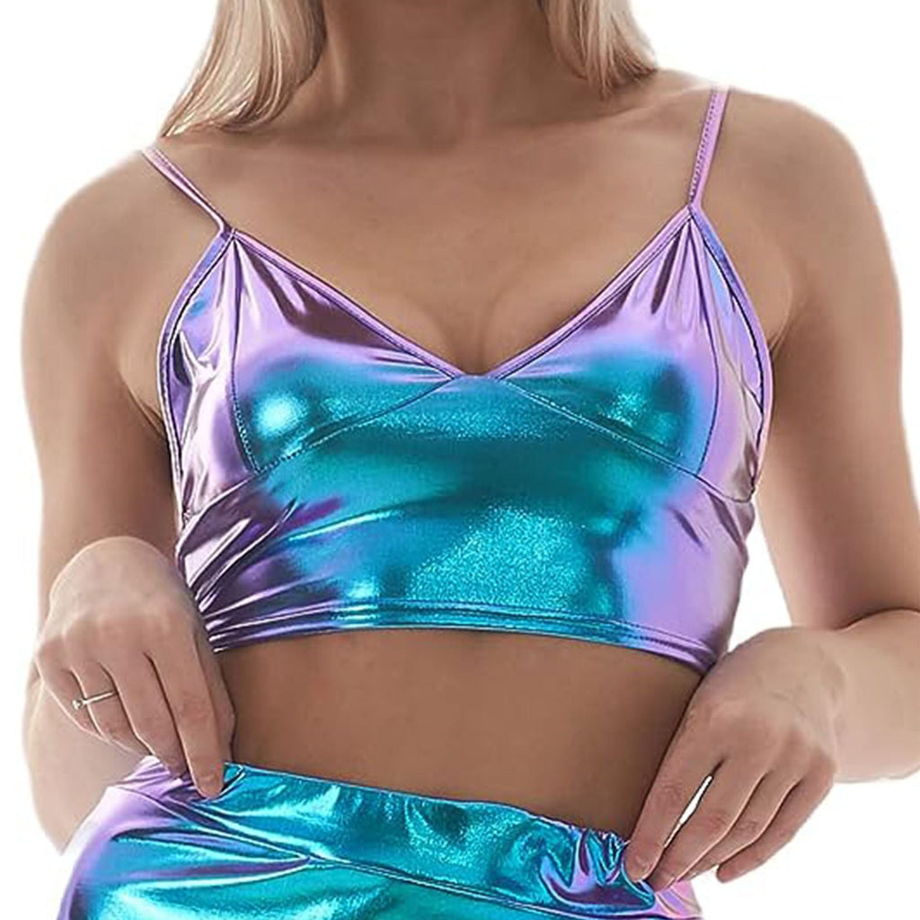 Women's crop top with shiny metallic look and adjustable straps, size