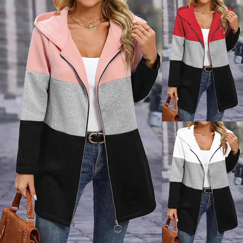 Women's fashionable hooded sweatshirt with color block design and comfortable fit, size