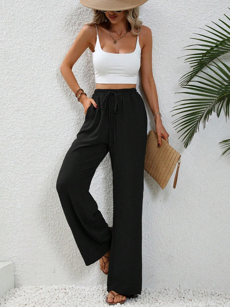 Elegante Damen-Hose mit weitem Bein aus leichtem Baumwoll-Mix mit elastischem Bund, Größe [size missing]