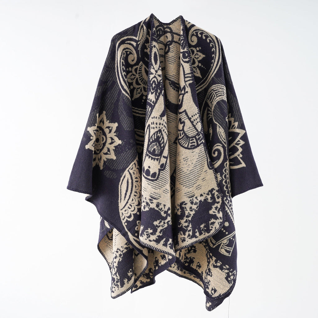 Women's elegant transitional poncho with an artistic floral pattern and fringed edges, size Valenzora