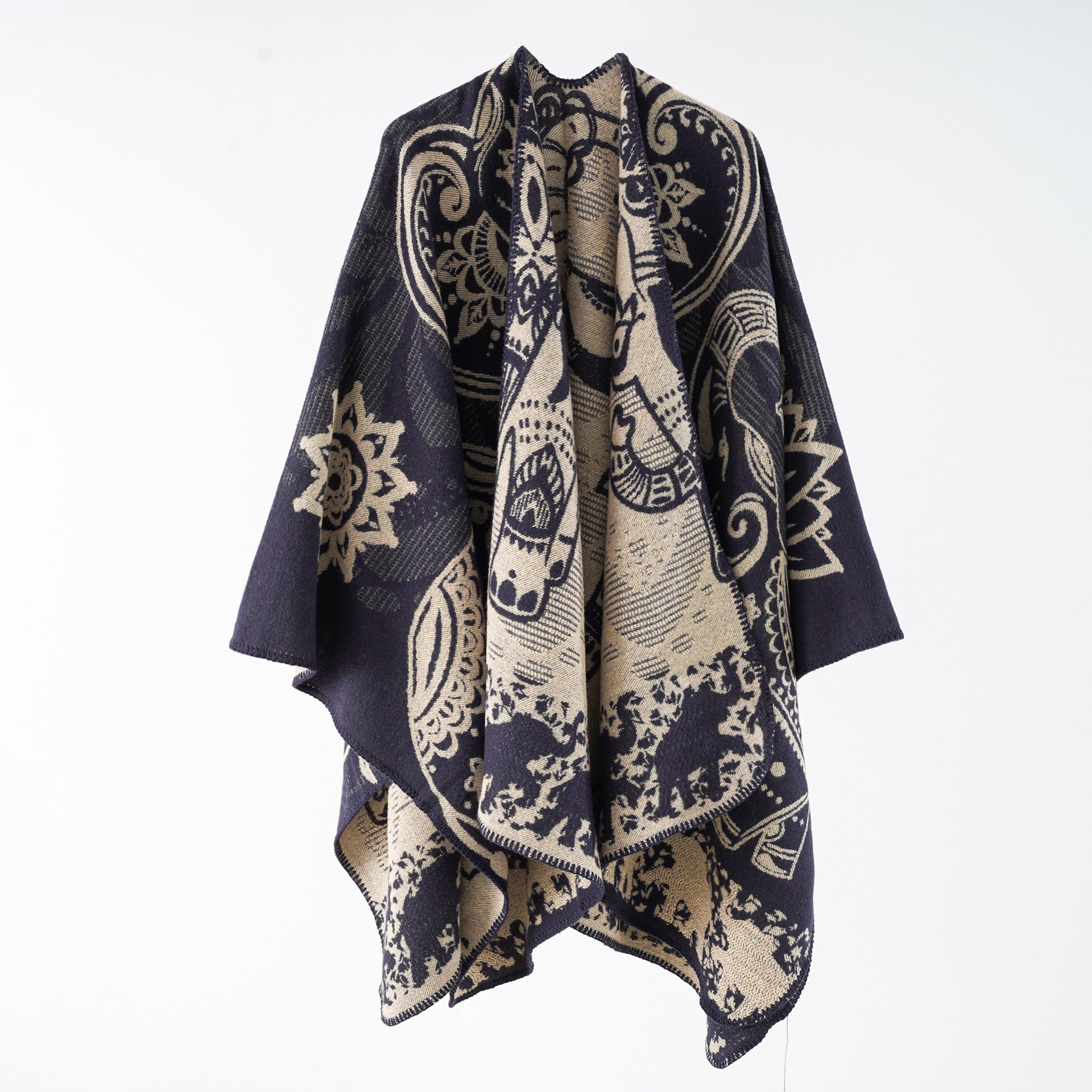 Women's elegant transitional poncho with an artistic floral pattern and fringed edges, size Valenzora