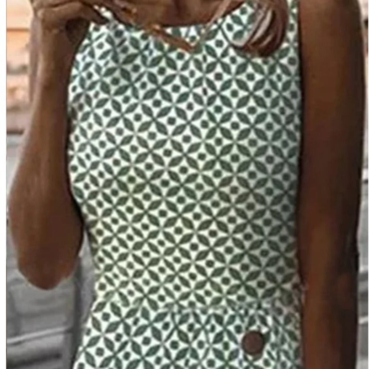 Valenzora | Sleeveless printed green button-up casual dress