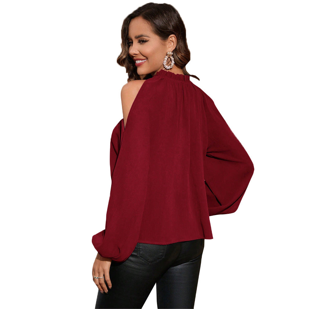 Women's Elegant Blouse with Shoulder Cutouts and Ruffle Details, Size