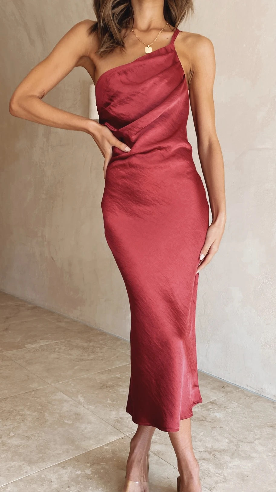 Women's elegant and flowing evening dress with asymmetrical neckline, size S