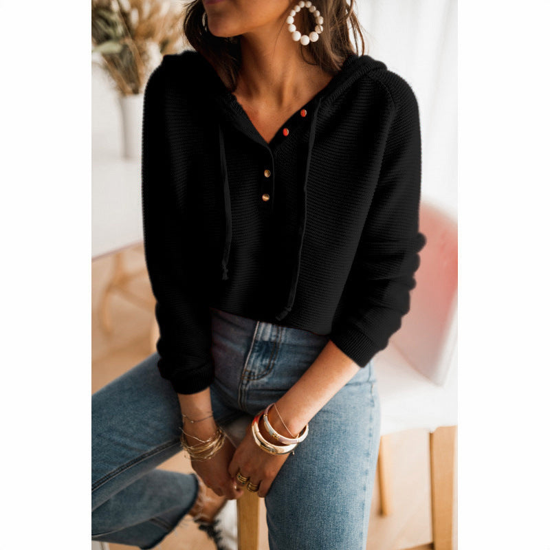 Damen Cropped Hoodie aus strukturiertem Stoff mit dekorativen Knöpfen, Größe S