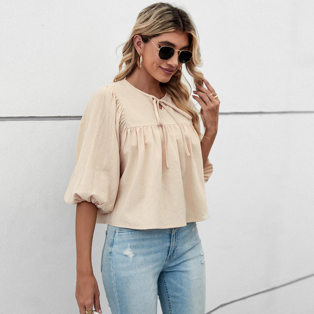 Women's blouse shirt with elegant puff sleeves and chic drawstring, size