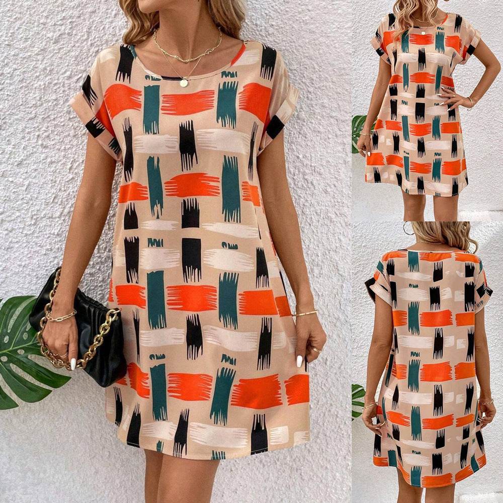 Valenzora | Printed Batwing Sleeve Round Neck Dress