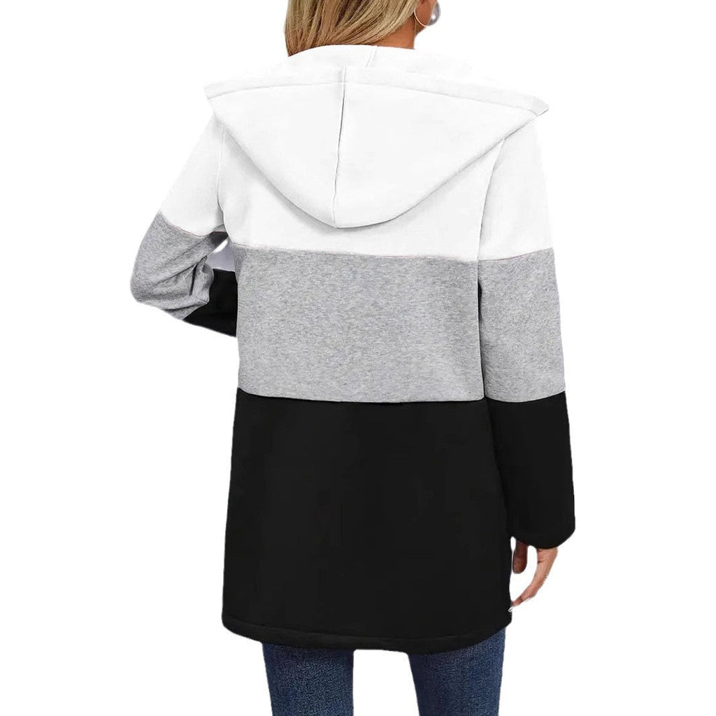 Women's hooded jacket with a modern color-block design and practical zip pockets, size