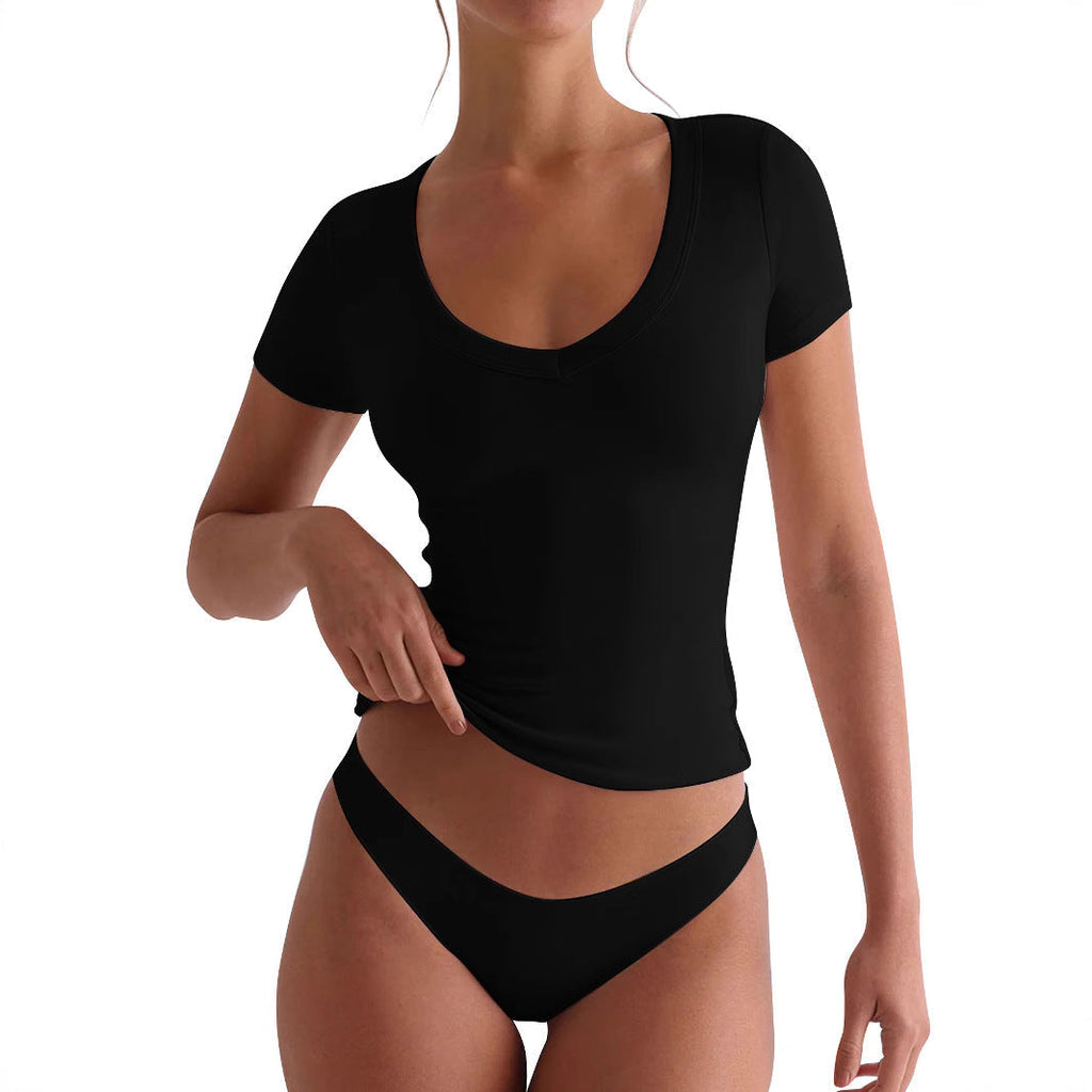 Tailliertes Damen-V-Neck-T-Shirt mit kurzen Ärmeln, Größe