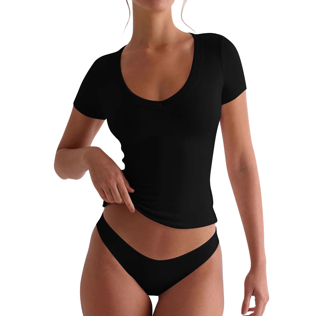 Tailliertes Damen-V-Neck-T-Shirt mit kurzen Ärmeln, Größe