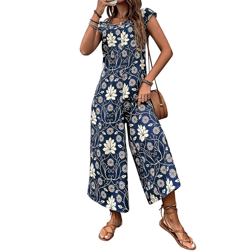 Women's jumpsuit with floral pattern and practical pockets, size