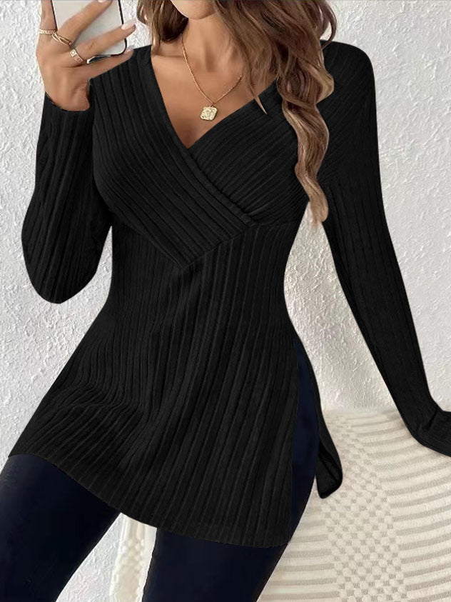 Elegantes Damen-Wickelshirt mit langen Ärmeln und gerippter Struktur, Größe