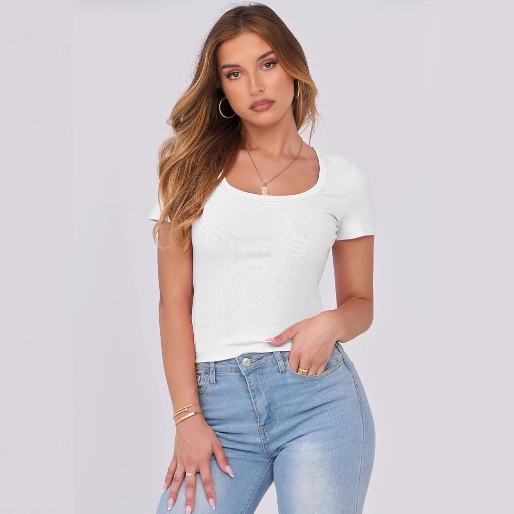 Women's fitted top with a wide square neckline and short sleeves, size S