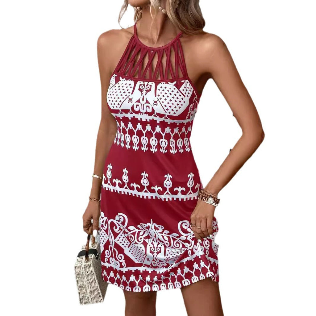 Ärmelloses Sommerkleid für Damen mit modischem Cut-Out-Design und grafischem Muster, Größe S