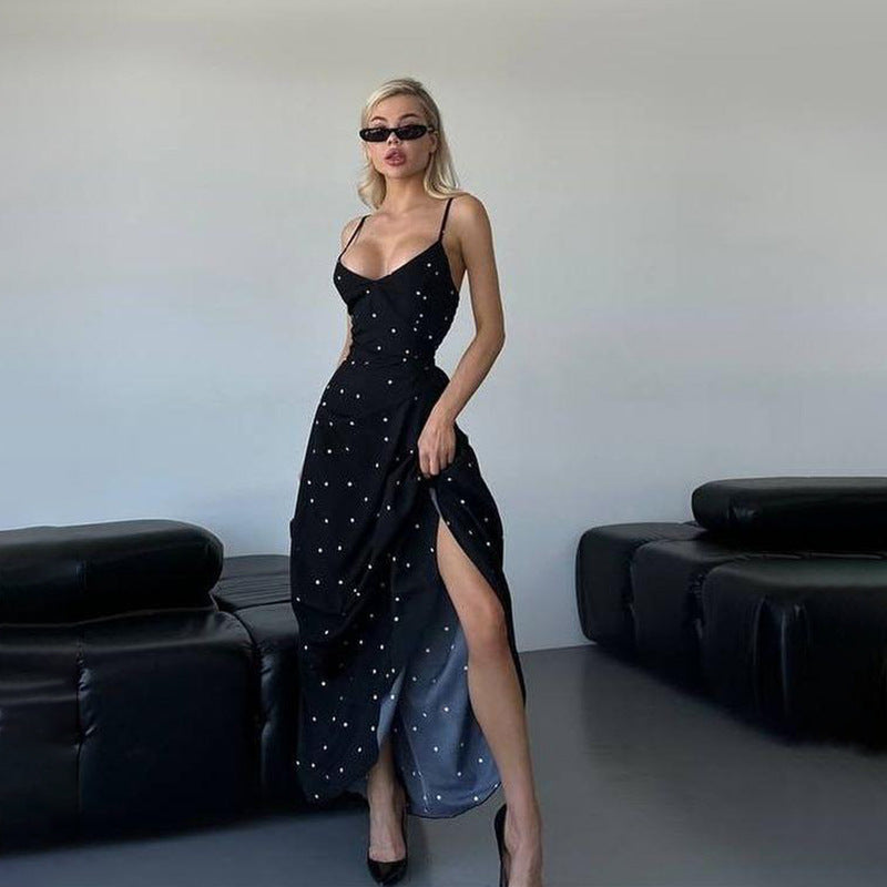 Women's midi dress with delicate spaghetti straps and polka dot design, size Valenzora