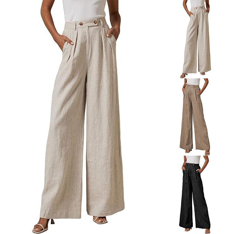 Elegante Damen-Leinenhose mit weitem Bein, hohem Bund und Bundfalten, Größe