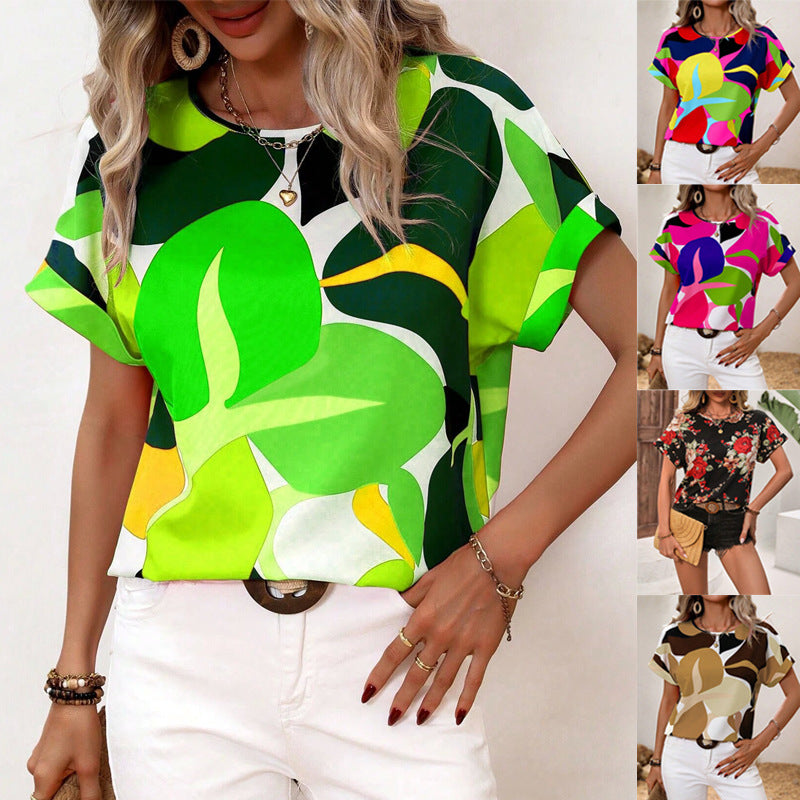 Women's casual blouse top with a modern botanical print and relaxed fit, size [size missing]