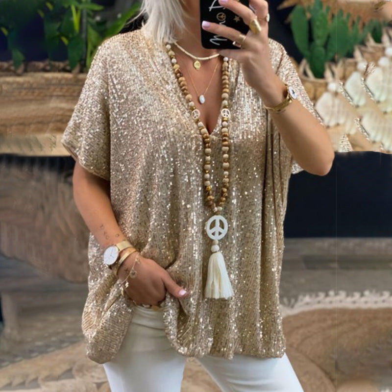 Women's sparkling top with an elegant V-neck and a relaxed fit, size [size]