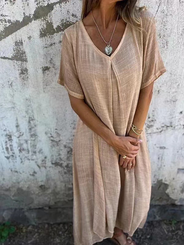 Valenzora | Baumwoll-Leinen-V-Ausschnitt-Kleid