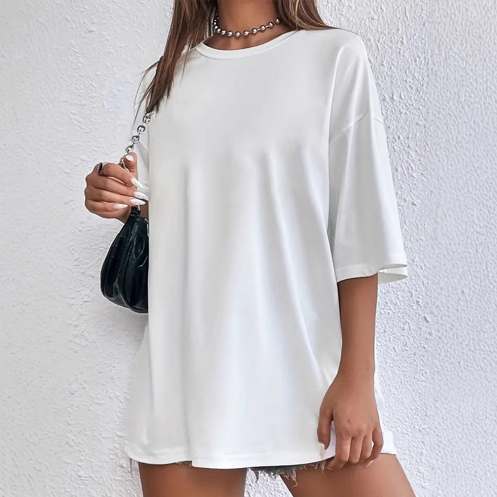 Valenzora | White Loose Short Sleeve Crew Neck Polyester T-Shirt