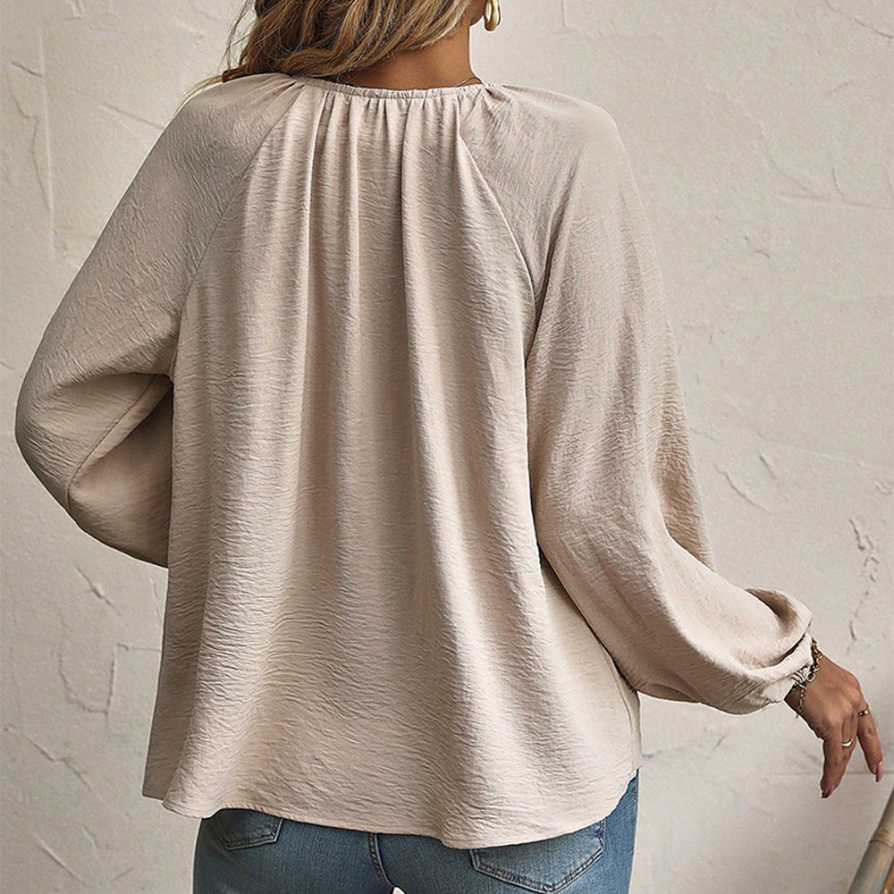 Women's blouse shirt with fashionable ruffle details and adjustable drawstring, size [size]