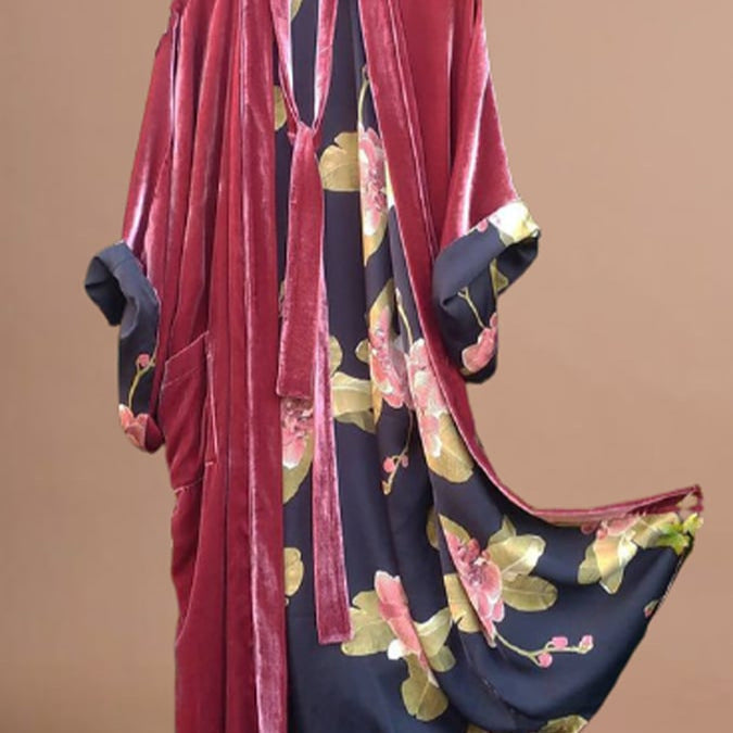 Valenzora | Satin Digital Floral Waist Belt Cardigan Pajamas