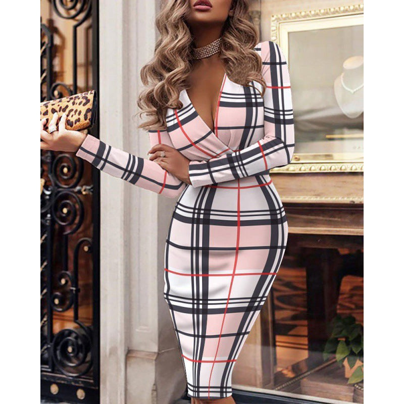 Women's fitted wrap dress with plaid pattern and deep V-neck Drune