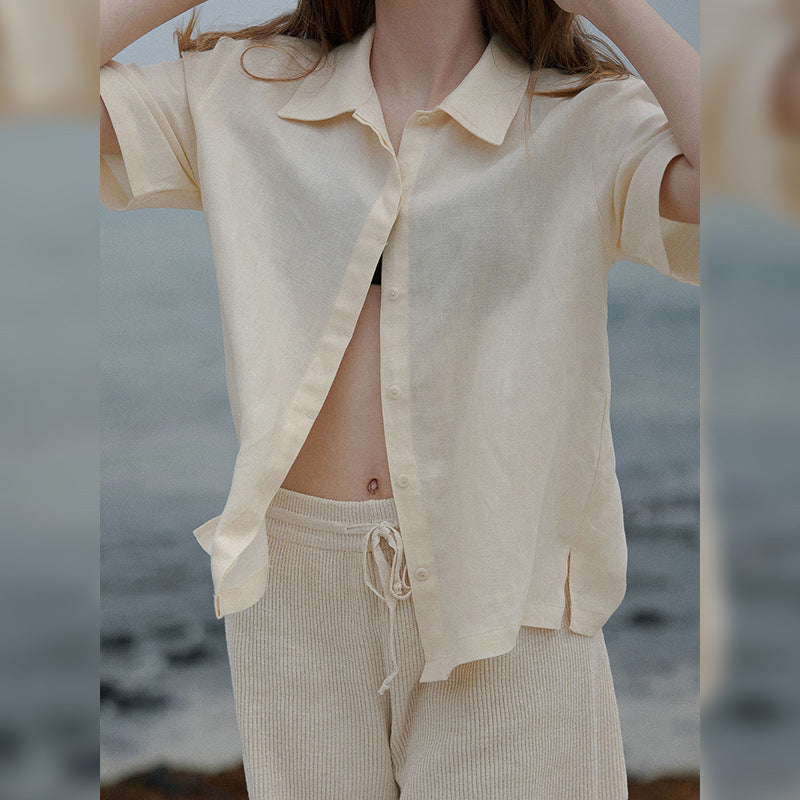 Women's short-sleeved linen blouse with classic collar and relaxed fit, size [size missing]