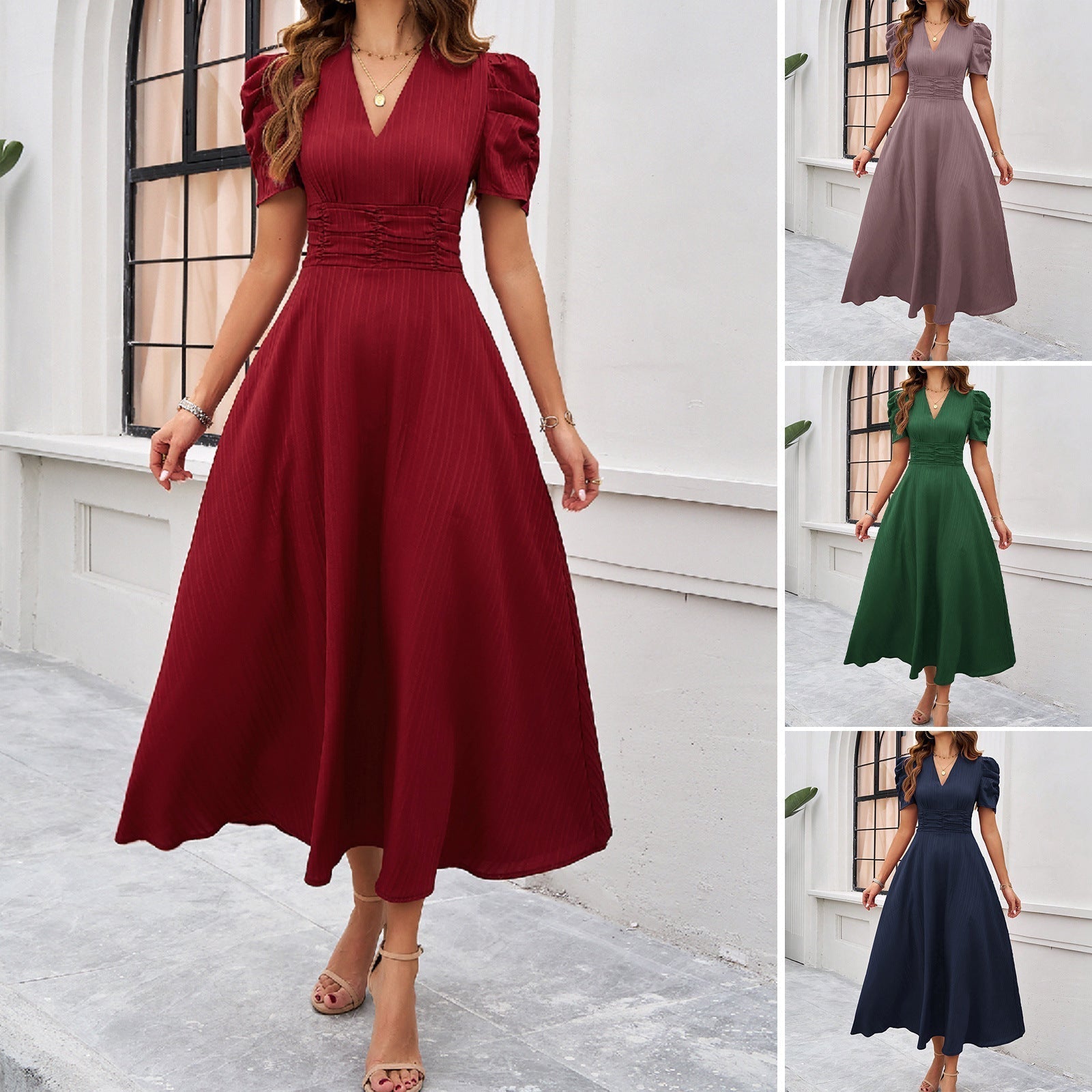 Women's midi dress with puff sleeves and V-neck, size