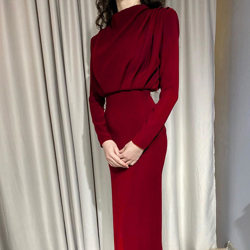 Women's elegant midi dress with high neckline design and draping, size S