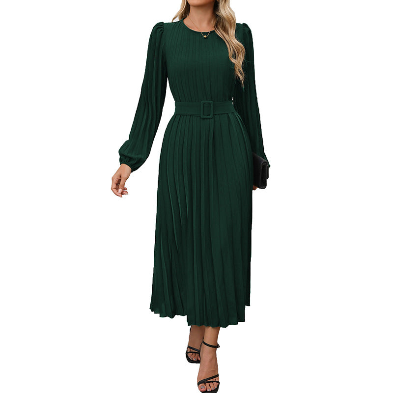 Women's pleated dress with waist belt and long sleeves, size