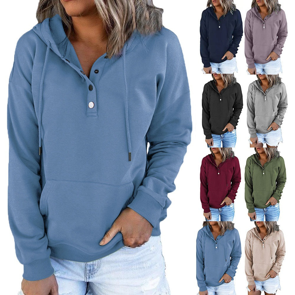 Women's hooded sweatshirt with button placket and relaxed fit, size