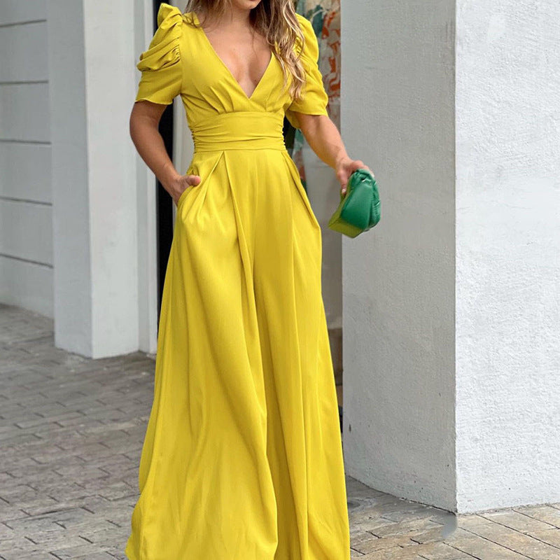 Damen-Jumpsuit mit Puffärmeln, tiefem V-Ausschnitt und weitem Bein, Größe [size missing]