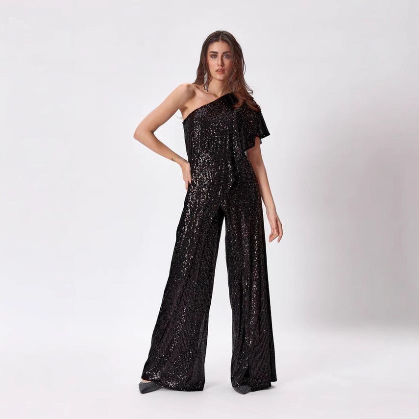 Women's One-Sided Sequin Jumpsuit with Wide-Leg Trousers, Size