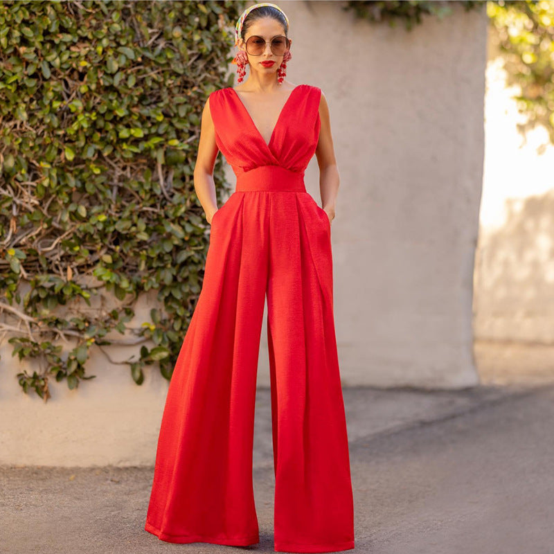 Valenzora | Jumpsuit High Waist Sleeveless Deep V-neck Wide Leg Elegant Fit