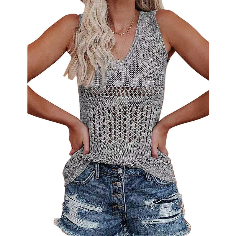 Women's airy knit top with V-neck and delicate openwork patterns, size