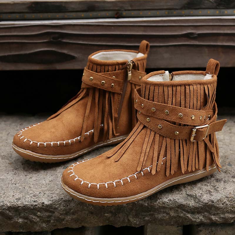 Valenzora | Boho-Stiefeletten mit Fransen und Schnallen für Damen