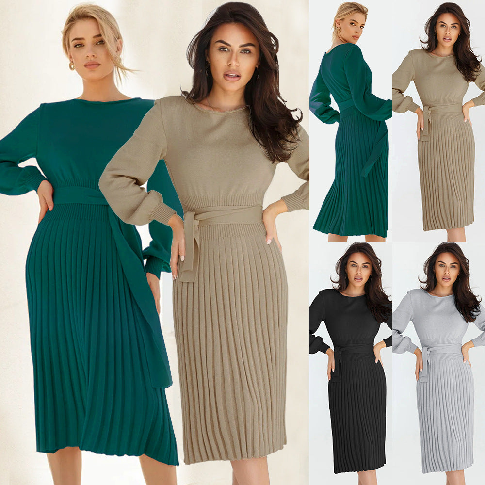 Women's knitted dress with adjustable belt and long sleeves, size