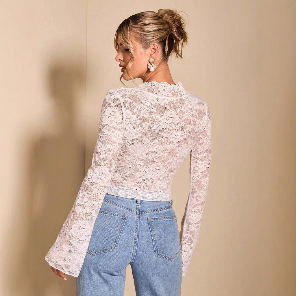 Valenzora | Transparent lace V-neck fitted bell-sleeve top