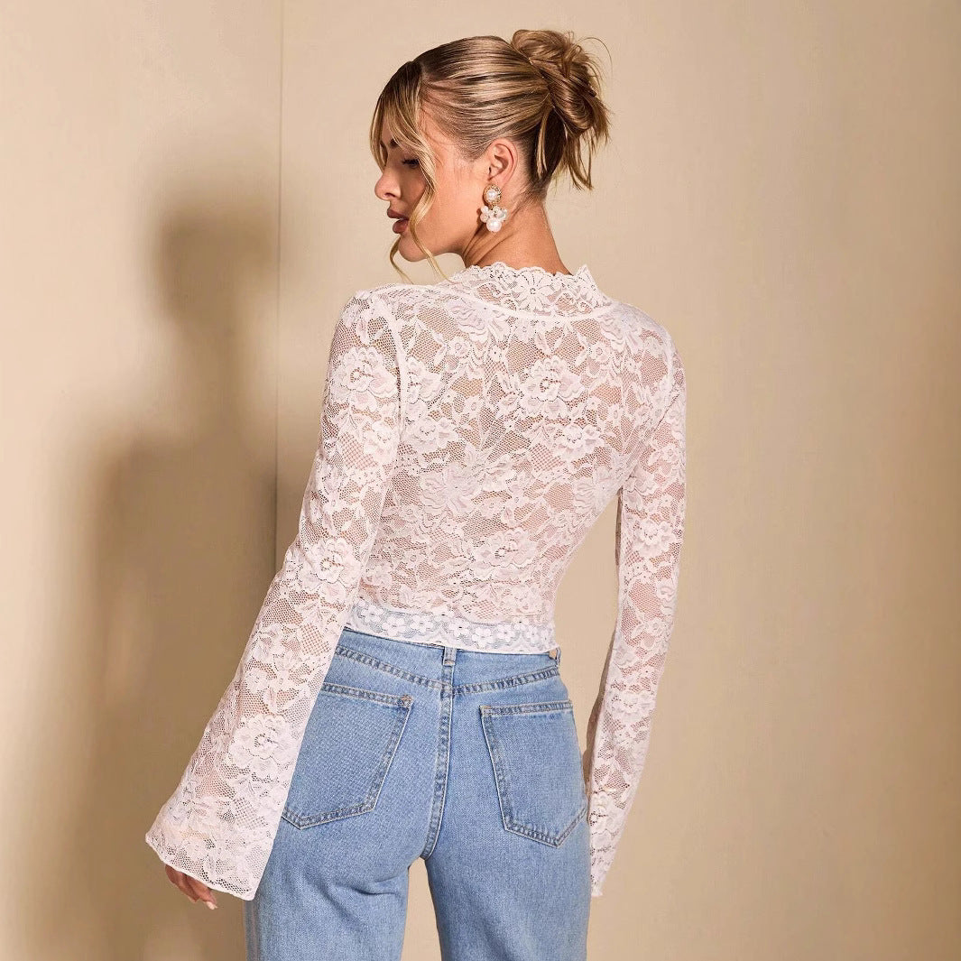 Valenzora | Transparent lace V-neck fitted bell-sleeve top