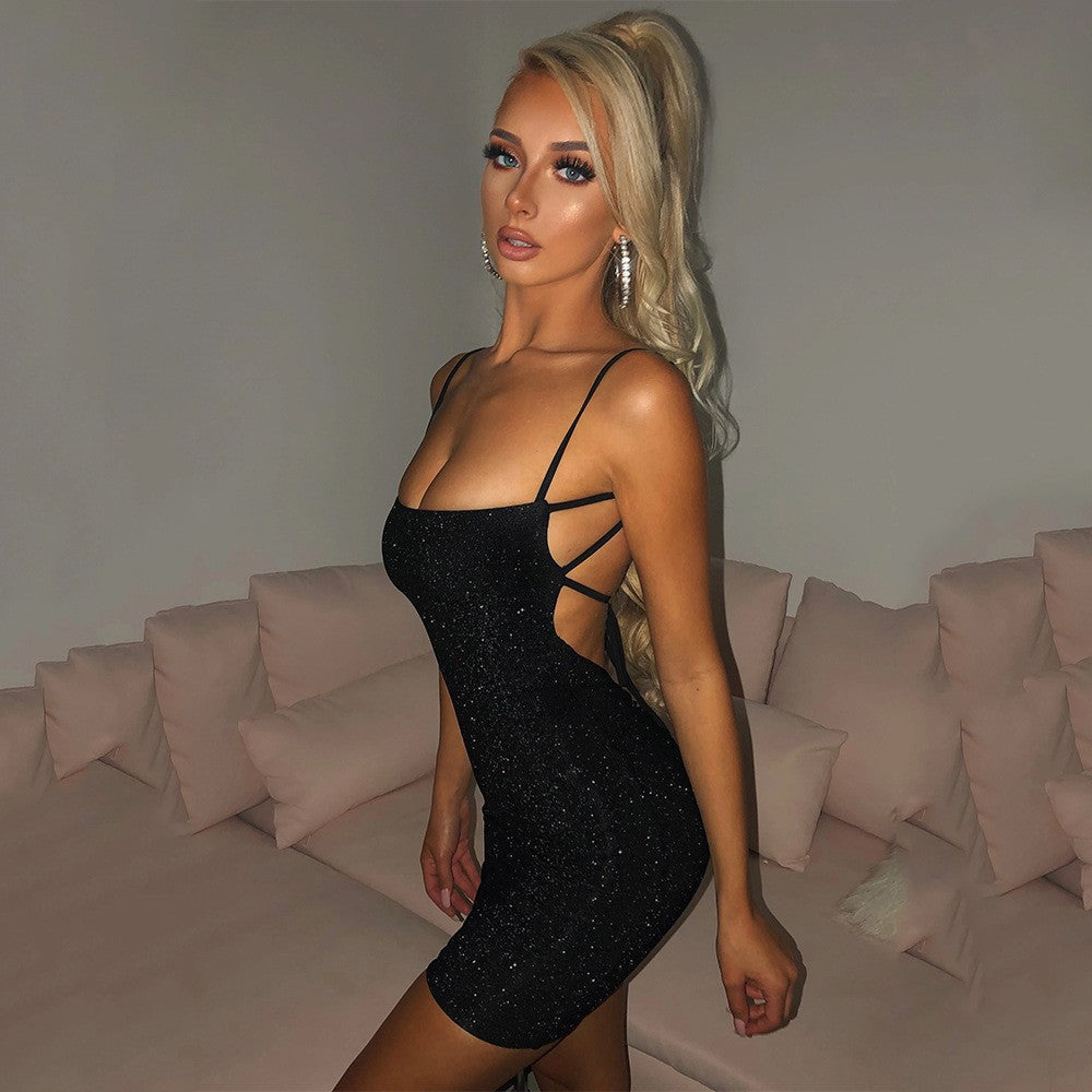 Women's Glittering Mini Dress with Spaghetti Straps Size