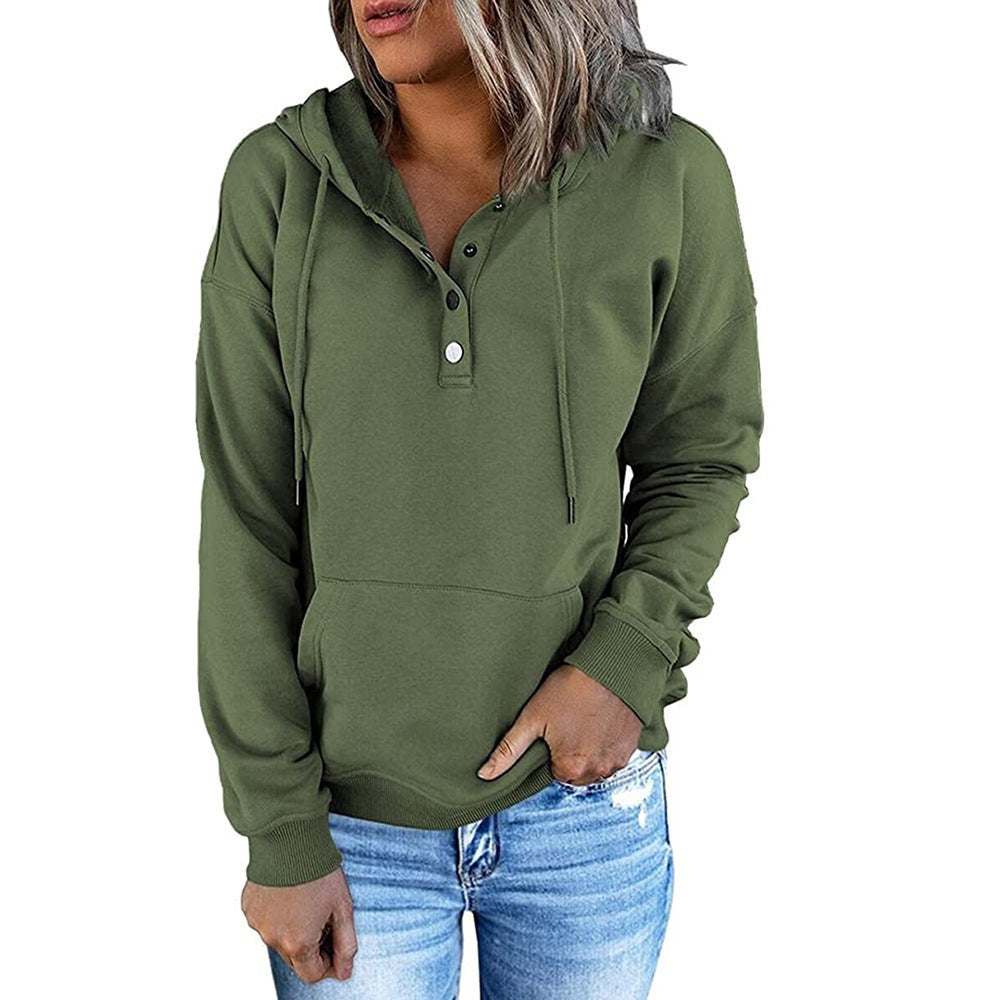 Women's hooded sweatshirt with button placket and relaxed fit, size