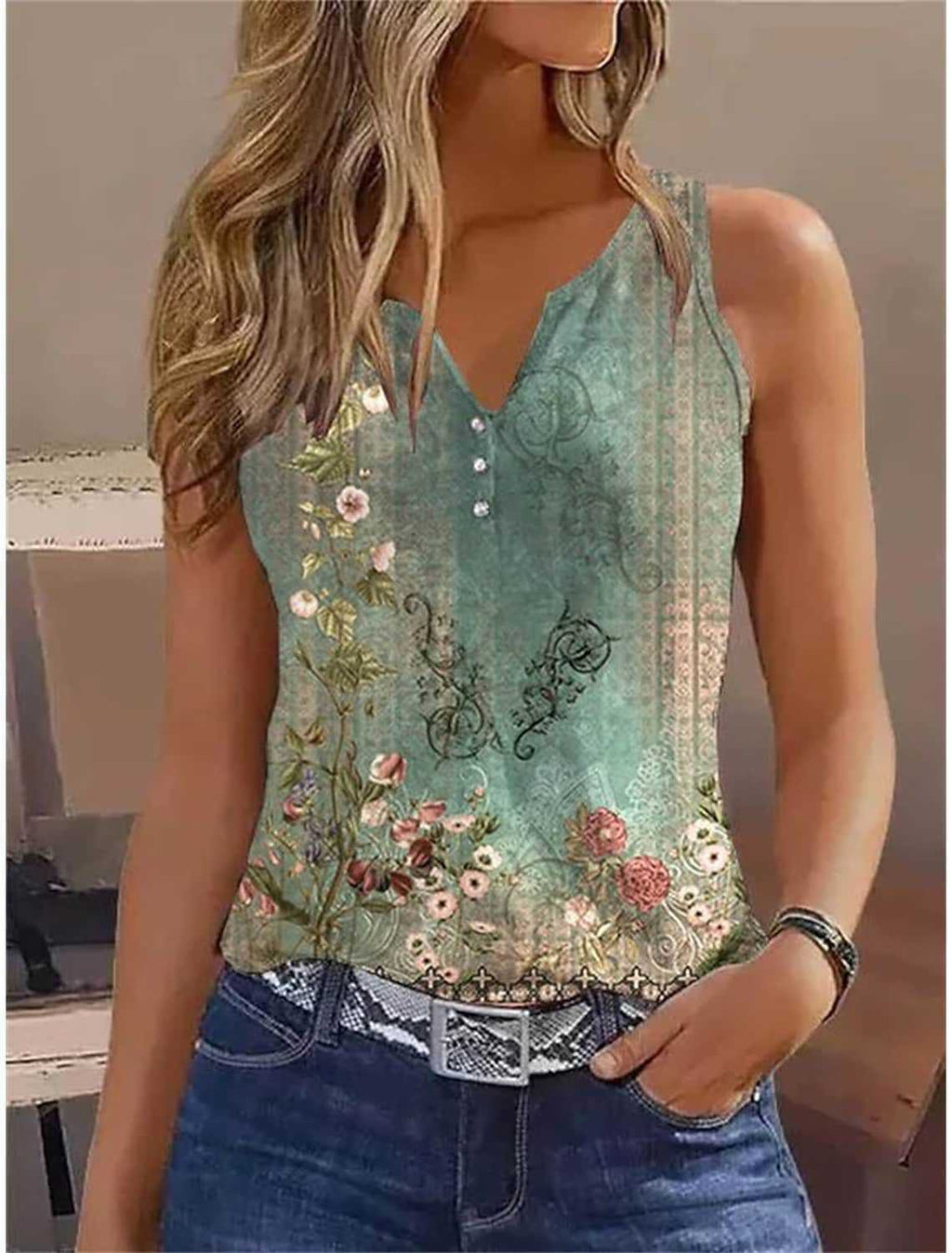 Women's sleeveless top with elegant floral design and unusual V-neck, size [size]