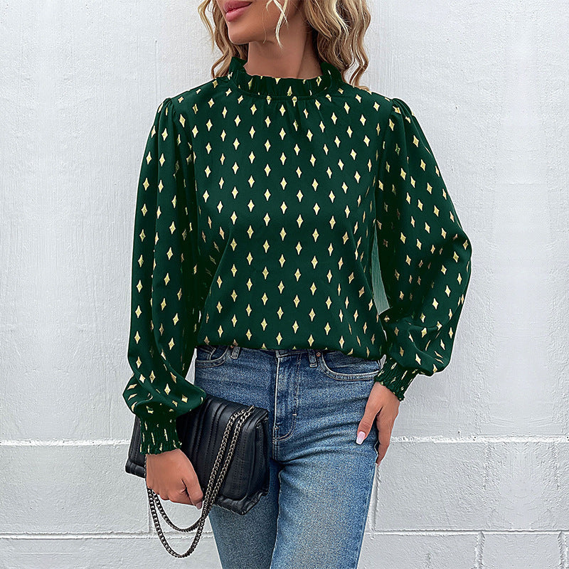 Women's blouse with elegant collar and fashionable pattern, size