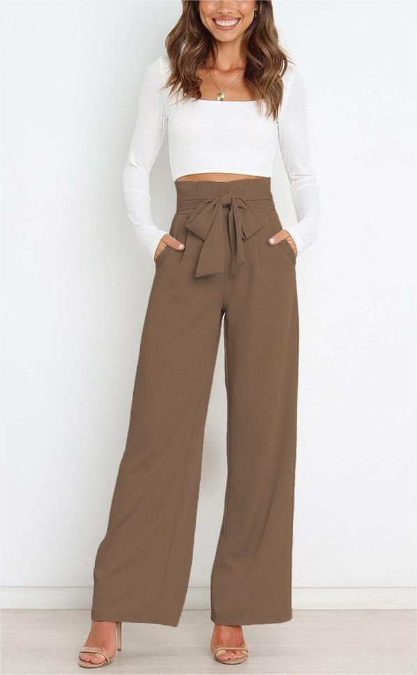 Women's elegant wide-leg trousers with waist belt, size
